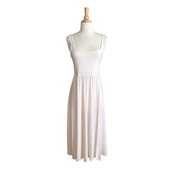 WILFRED Aritzia Ivory Jersey Square Neck MIDI Dress Empire Waist Tencel Medium - Picture 1 of 15